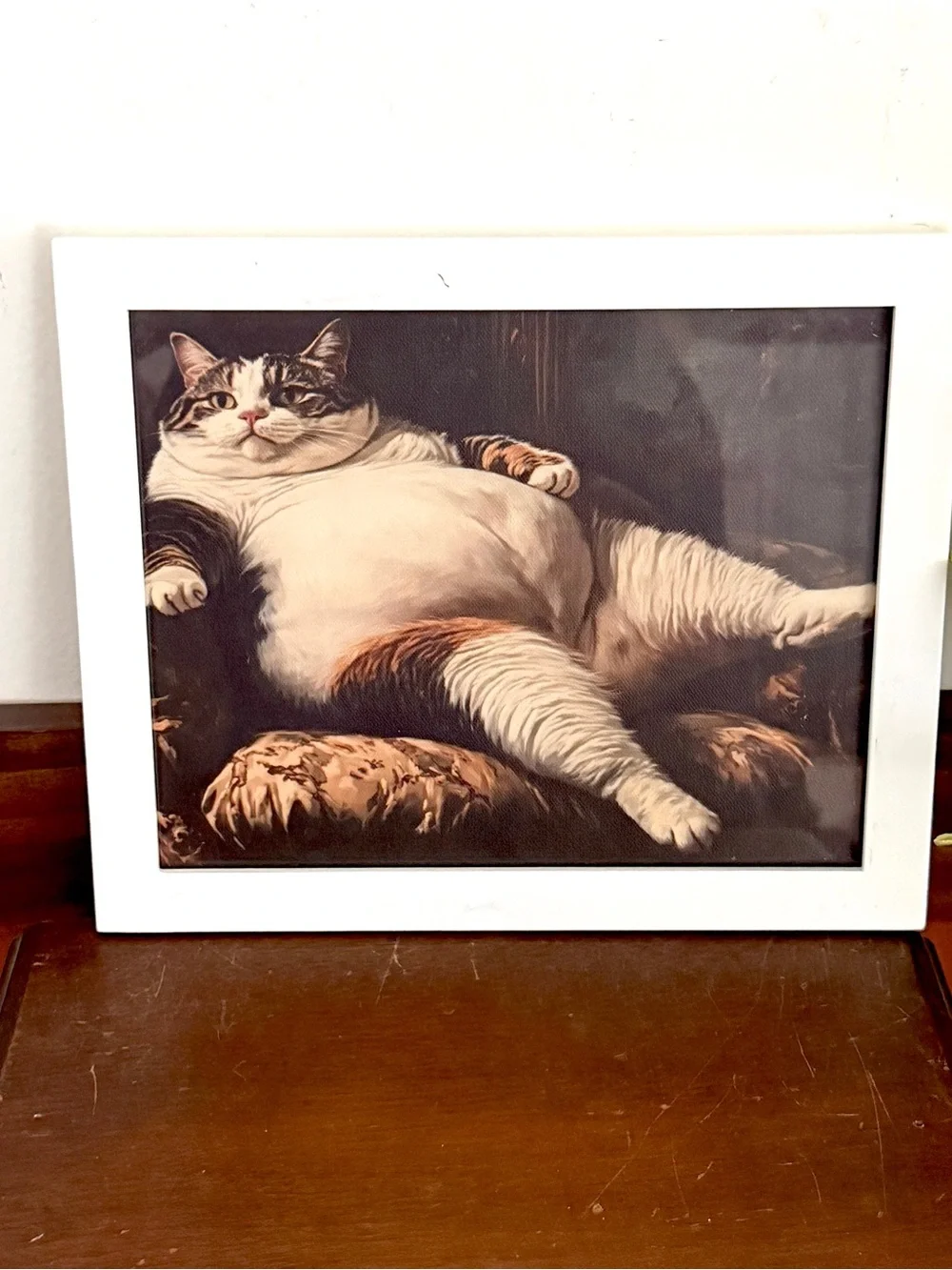 Fat Cat on Couch Quirky Canvas Art Print White Framed Weird Wall Hanging Art
